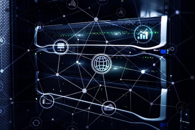 ICT information and telecommunication technology and IOT internet of things concepts Diagrams with icons on server room backgrounds