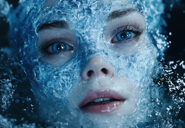 Photo icy blue eyes of a frozen woman