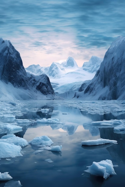 Icy glacier surrounded by snowcapped mountains created with generative ai