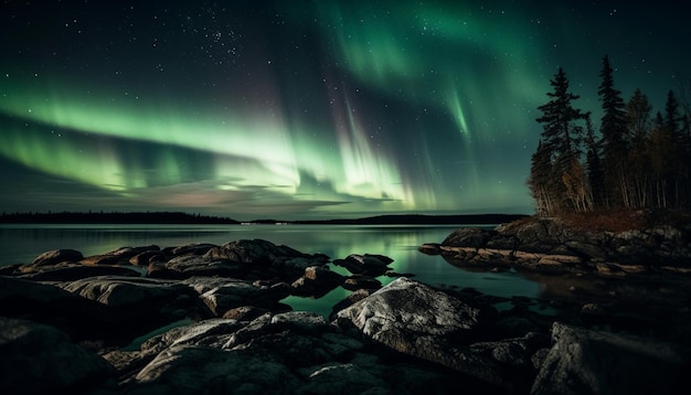 Icy mountain range illuminated by colorful aurora generated by AI