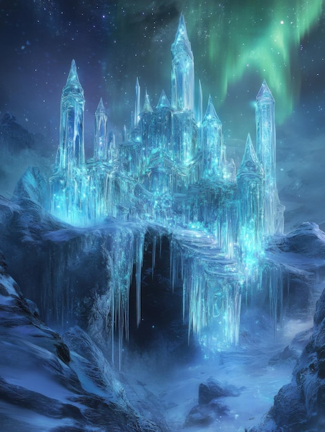 Photo icy palace with glowing blue lights in a winter landscape