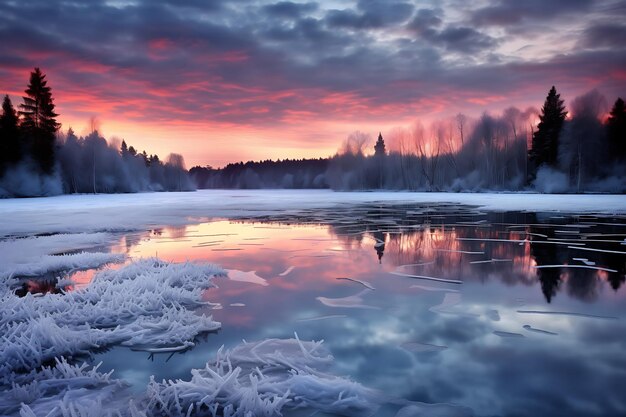 Icy reflections frozen lake at dusk winter photo