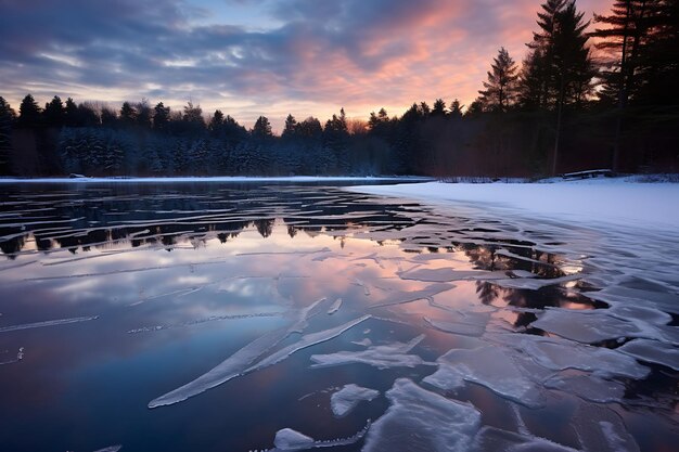 Icy reflections frozen lake at dusk winter photo