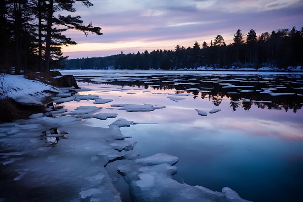 Icy reflections frozen lake at dusk winter photo