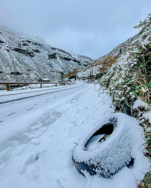 Icy road with tire winter and snow in Spain