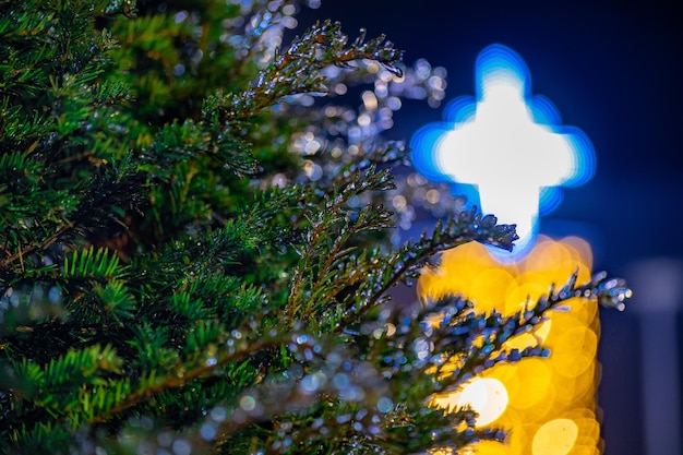 Icy tree branches in the foreground with a beautiful Christmas star bokeh. Festive detail. High quality photo.