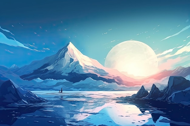 Icy Winter Wonderland Illustration of an AnimeStyle Lake Amidst Snowy Mountains