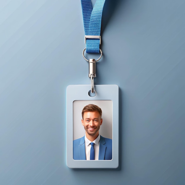 Photo id card design with a smiling man in a blue suit on a plain background aigenerated