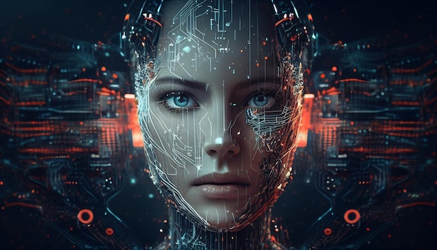 Idea of AI Takeover with Digital Face on Tech Background Generative AI