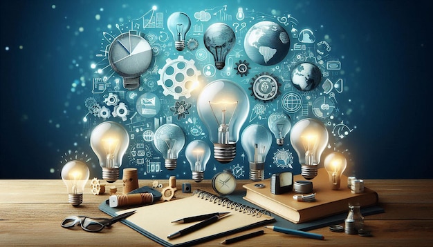 Idea concept with light bulbs on blue background