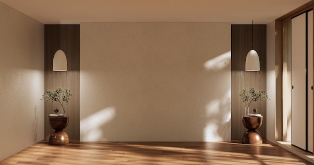 Idea of empty room interior zen style floor wooden on white empty wall3D rendering