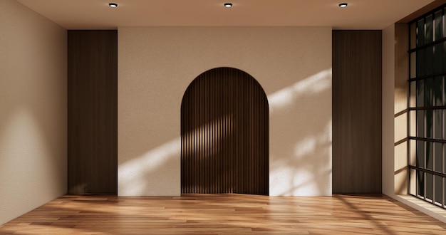 Idea of empty room interior zen style floor wooden on white empty wall3D rendering