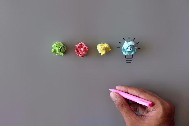 Photo idea innovation standing out of the crowd concept crumpled paper drawn as a lightbulb