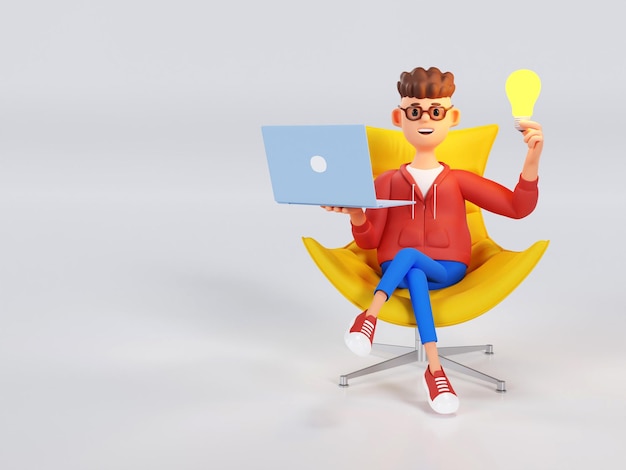 Idea and innovation technology concept Cartoon character a man sits on an armchair looking at a laptop in search of ideas 3d illustration