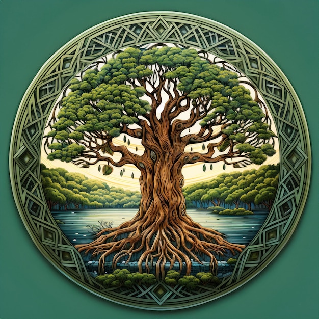 Photo idea for a medallion or print with the tree of life in frame of intertwined runes green background