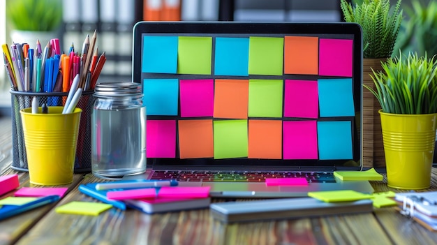 Photo idea organization and creativity with sticky notes and laptop