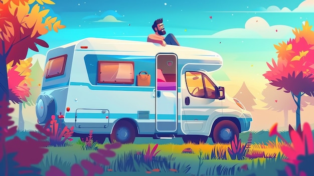 Photo the idea of resting in a minibus is for traveling or vacation modern landing page with a cartoon image of a happy person in a trailer at dawn