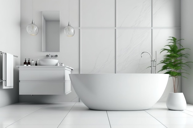 Idea for a white panoramic bathroom There are tiled floors white walls a gray bathtub and a sink a lateral view a mockup