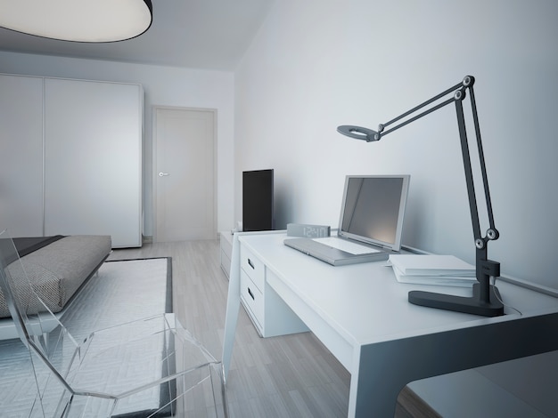 Idea of working area in modern bedroom with white designer table and transparent glass chair.