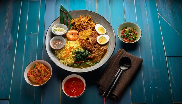 Photo ideal food pairings for bakso showing complementary dishes like nasi goreng and spicy sambal