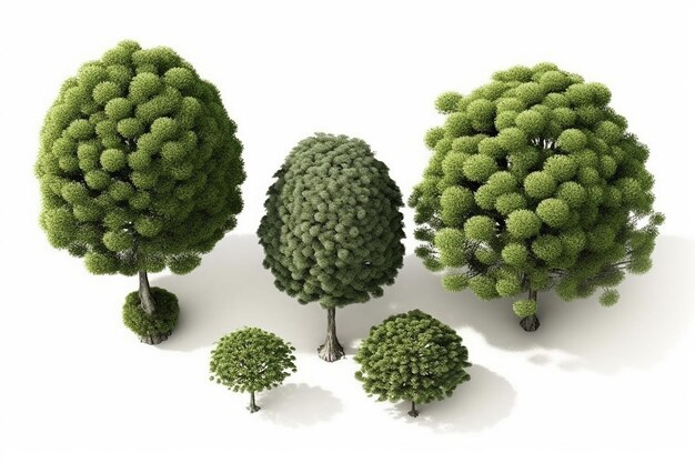 Ideal Top View Set of 3D Trees Isolated on White