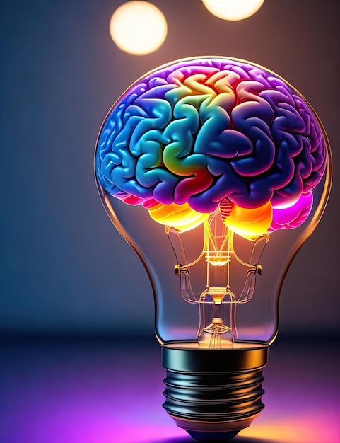 Ideas concept brain inside the light bulb on colorful background