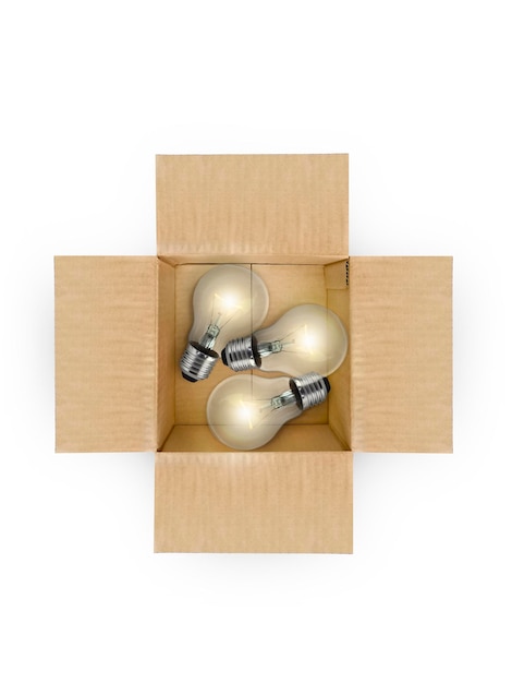 Ideas inspiration with group of lightbulb in box on white background Business creativity motivation to success