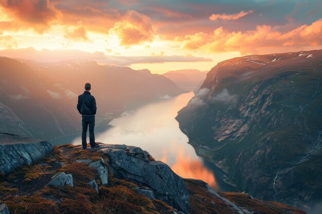 Photo identifies a subject standing on the edge of an ancient mountain at sunrise overlooking the vast fjords