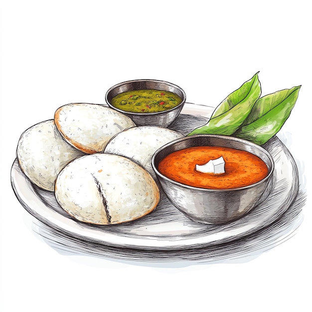 Photo idli with sambar and coconut chutney indian food illustration