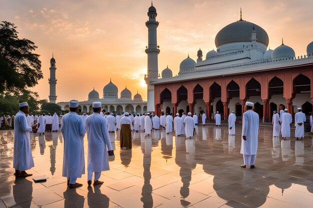 Idul Adha Morning Ritual Serene Mosque Courtyard Worshippers in Traditional Attire and the Scent