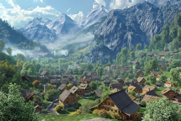 Idyllic alpine village amidst misty mountains