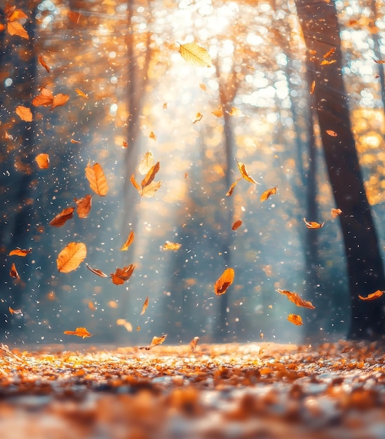 Photo an idyllic autumn park scene in the afternoon yellow fallen leaves fly through the air