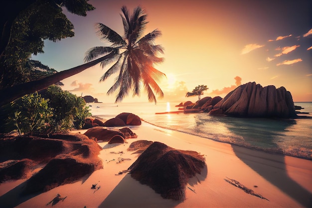 An idyllic beach and ocean landscape on a tropical island with palm trees and coconut trees in the sunset light Generative AI