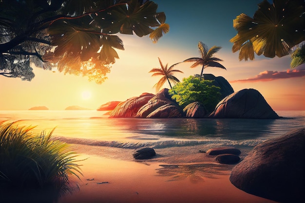 An idyllic beach and ocean landscape on a tropical island with palm trees and coconut trees in the sunset light Generative AI