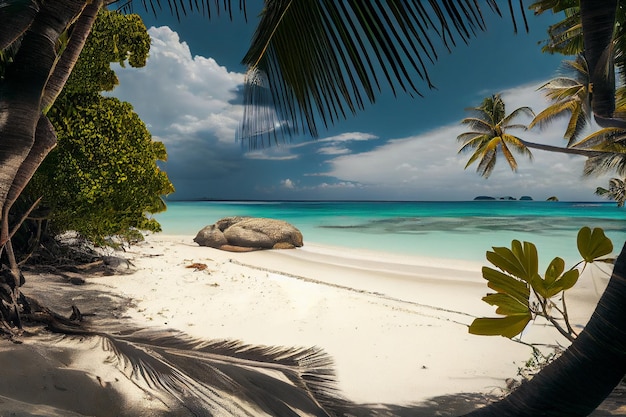 An idyllic beach and ocean landscape on a tropical island with palm trees and coconut trees in the sunset light Generative AI