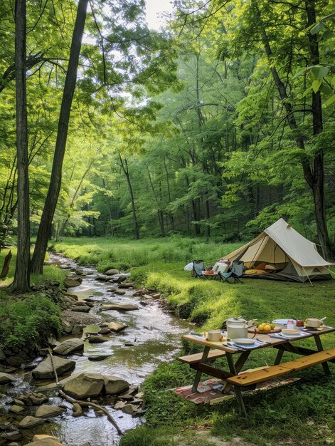 Photo idyllic camping setup by a forest stream in spring