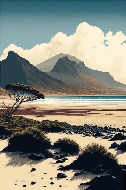 Idyllic coastline landscape with mountains and waves on the shore Maritime drawing Generatie AI