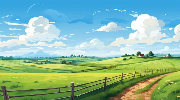 Idyllic Countryside Landscape with Rolling Hills Green Fields Farm Houses under Blue Sky Illustration Digital Art