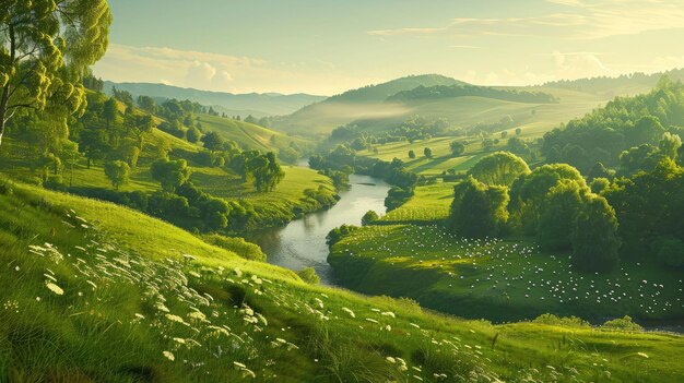 Photo an idyllic countryside scene with rolling hills and a winding river