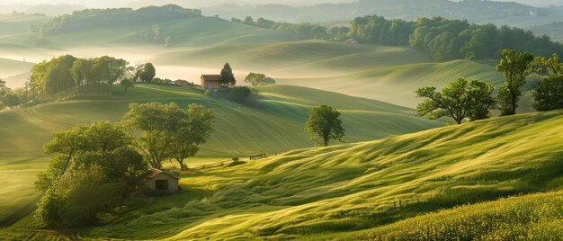 Idyllic countryside with rolling hills and scattered farmhouses