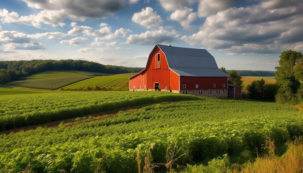 Idyllic farmhouse on rural vineyard glows golden sunset generated by AI