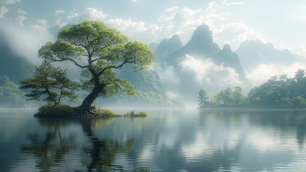 Idyllic foggy lake with single tree Tranquil scene featuring a lone tree on a small island surrounded by calm waters under a soft foggy mountainous backdrop