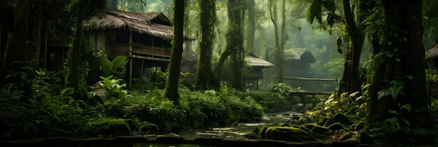 Photo idyllic forest hideaway wooden dwellings nestled in the majestic serenity of untouched wilderness