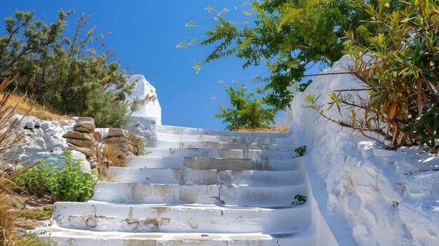 Idyllic Greek Island Stairway with Lush Greenery and Blue Sky