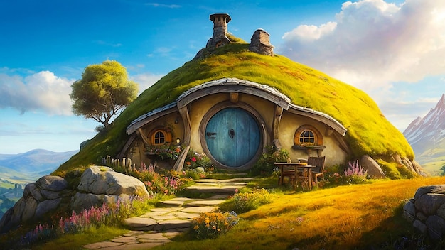 Idyllic Hobbit House With Sunlit Porch And Wildflowers Generated By AI