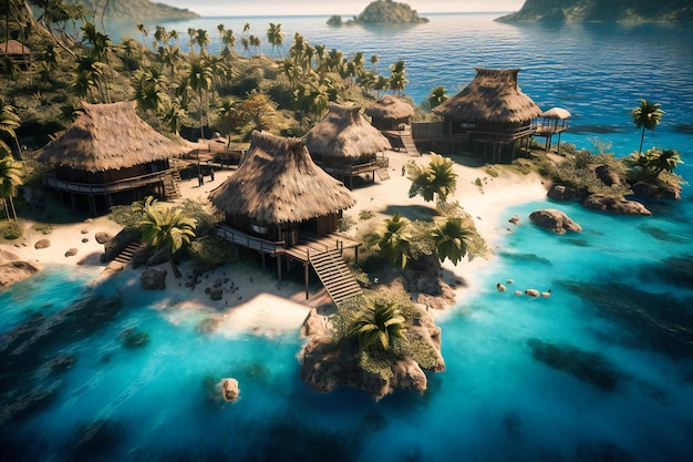 An idyllic island getaway with thatchedroof bungalows perched over clear blue waters and palm trees swaying above