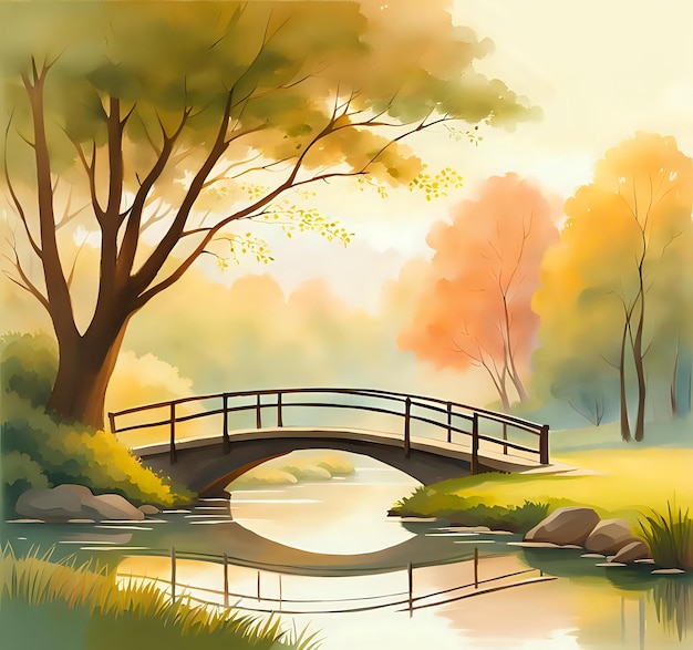 Photo idyllic landscape with bridge and trees in the background