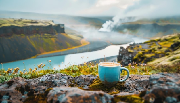 Idyllic mountain scenery with a coffee cup