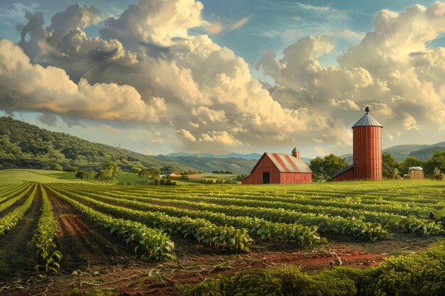 Idyllic Rural Landscape with Red Barn and Silo Amidst Lush Crops Under Cloudy Blue Sky