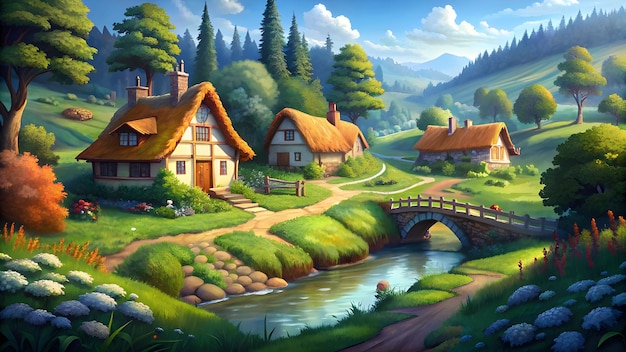 an idyllic scene of a picturesque village nestled